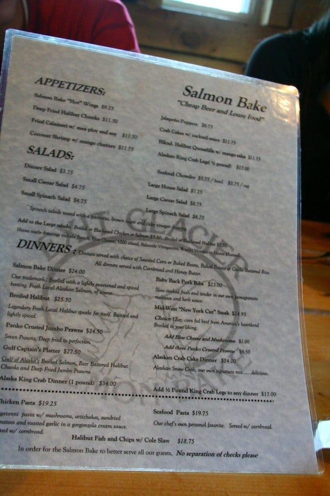Menu at Exit Glacier Salmon Bake restaurant, Seward, Herman Leirer Rd