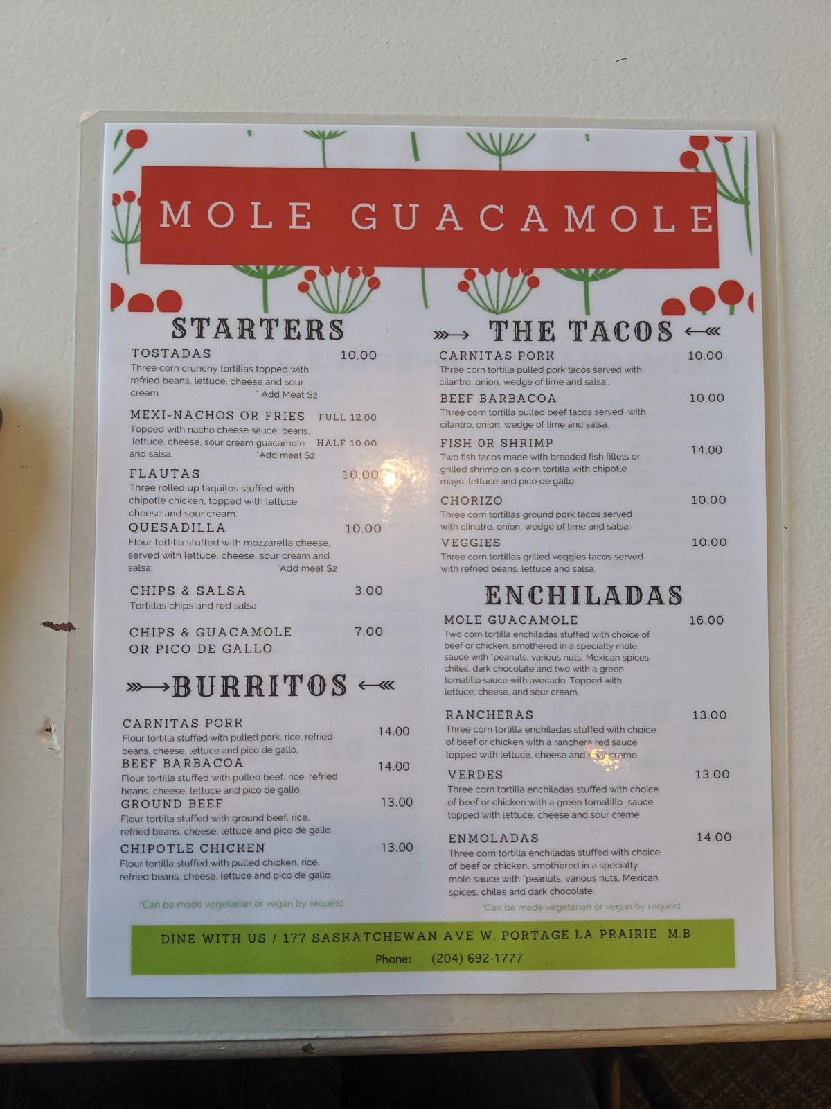 Menu at Mole Guacamole restaurant, Portage la Prairie