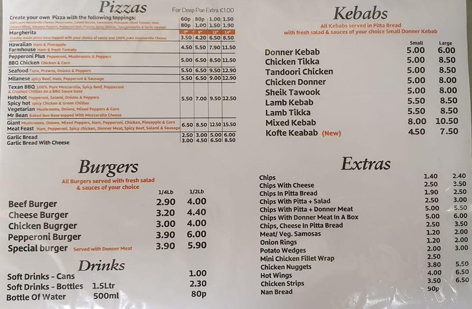 Menu at Bella Pizza pizzeria, Caernarfon