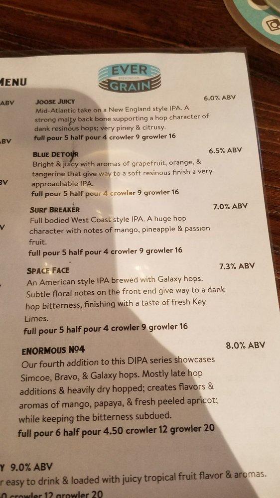 Menu at Ever Grain Brewing pub & bar, Camp Hill