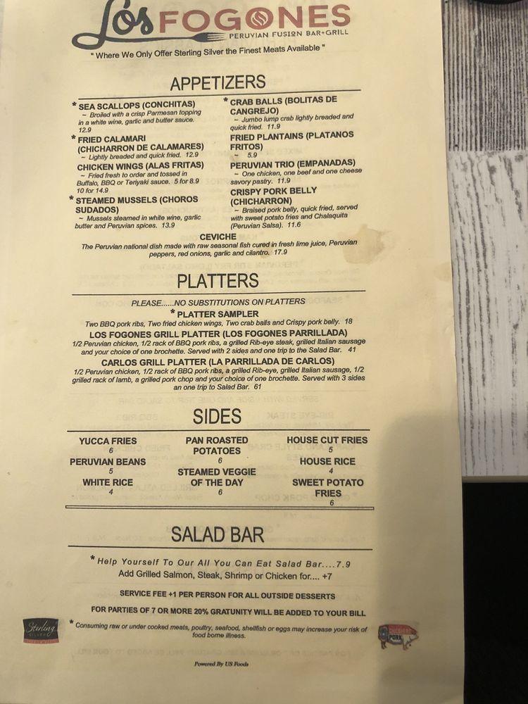 Menu at Los Fogones Restaurant Peruvian Fusion, Goldsboro
