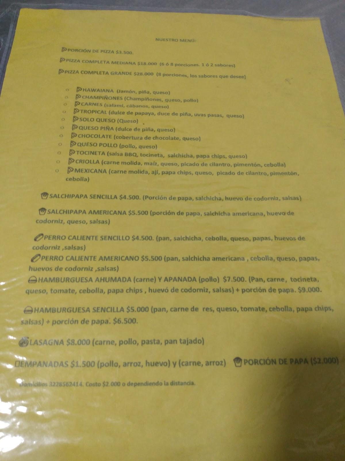 Carta del restaurante Pizzas El Gordo, Bogotá