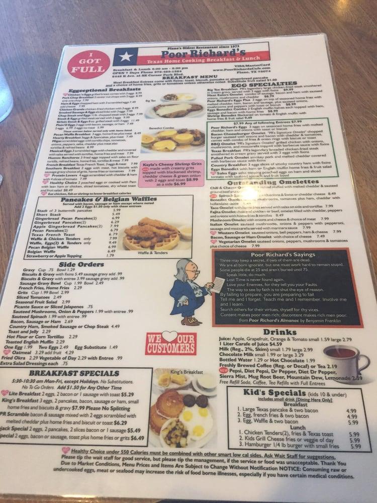 Menu At Poor Richards Cafe Plano