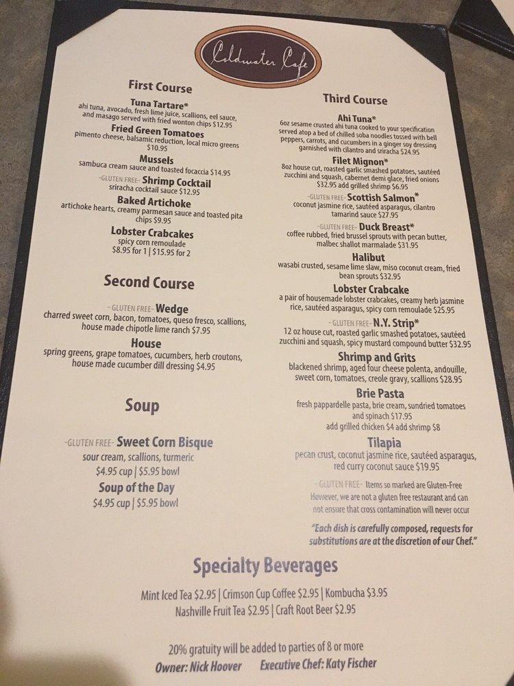 Menu at Coldwater Café restaurant, Tipp City