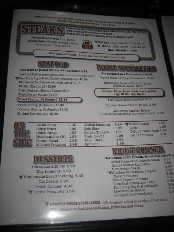 Menu at TBone Tom's BBQ, Kemah