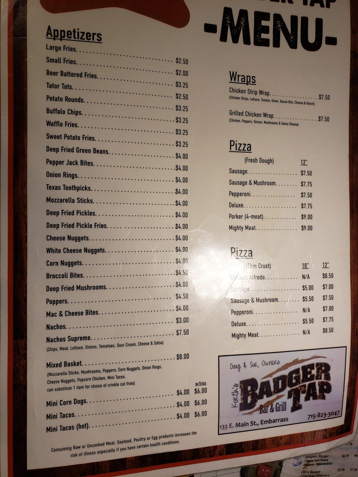 Menu at Badger Tap pub & bar, Embarrass
