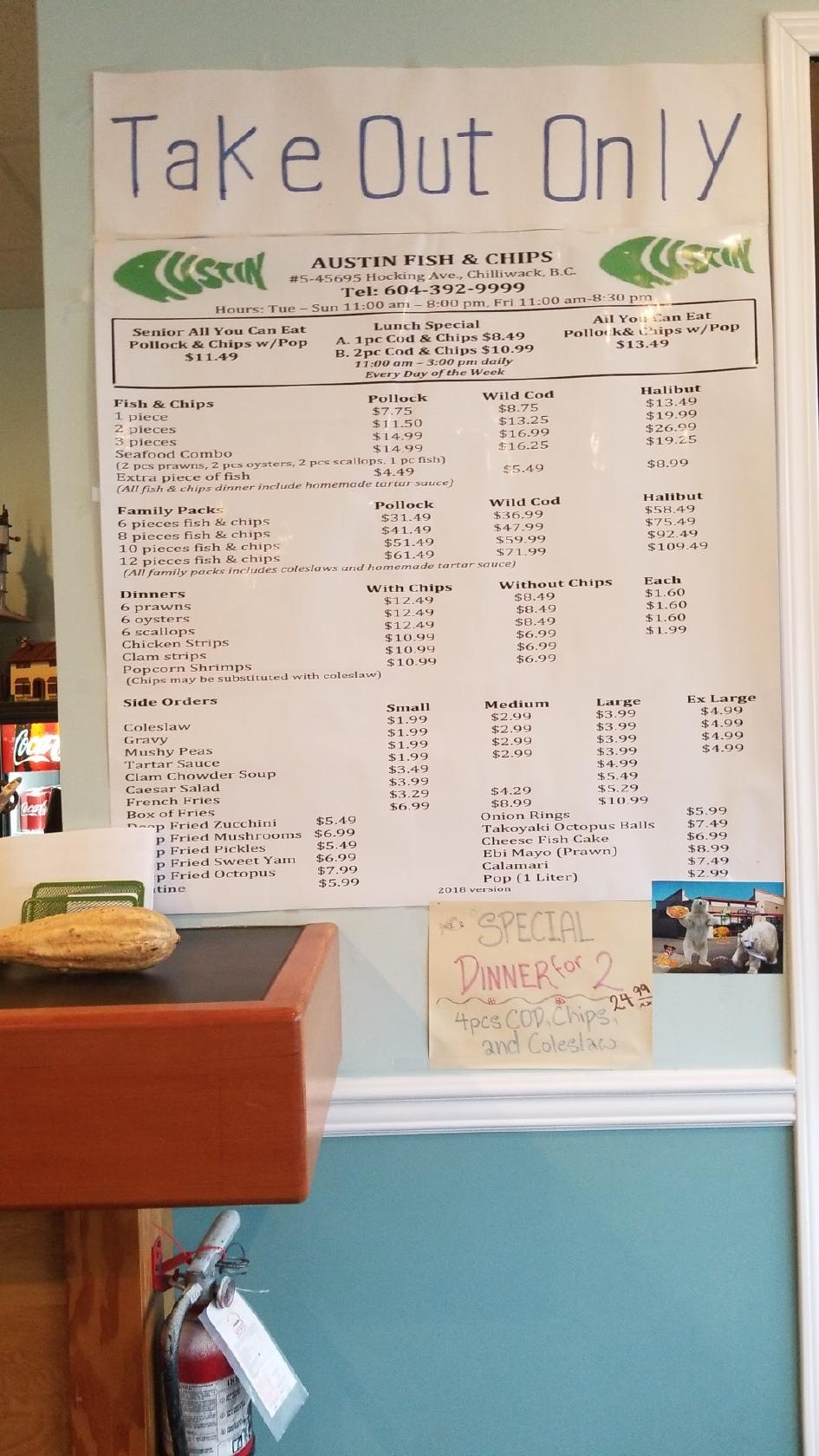 Menu at Austin Fish And Chips restaurant, Chilliwack