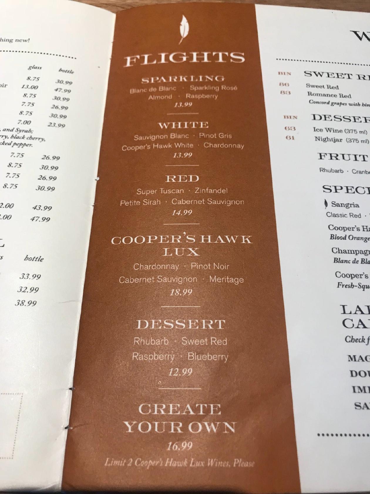 Menu at Cooper's Hawk Winery & Restaurant Coconut Creek, Coconut Creek