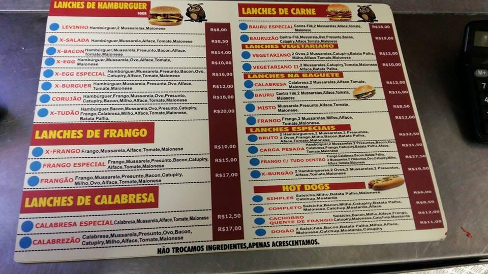 Corujão Lanches cardápio