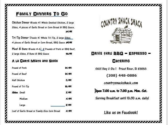 Menu At The Country Snack Shack Bbq Priest River Highway 2 8060