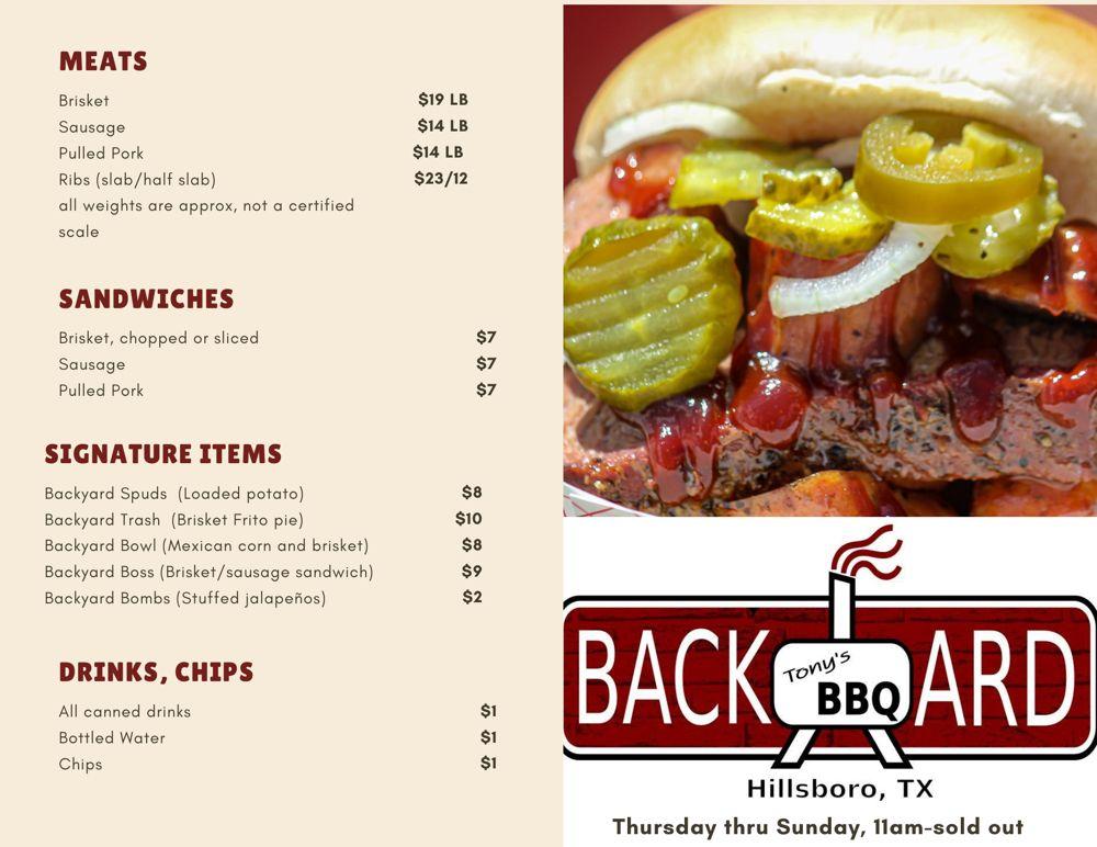Menu at Tonys Backyard BBQ, Hillsboro