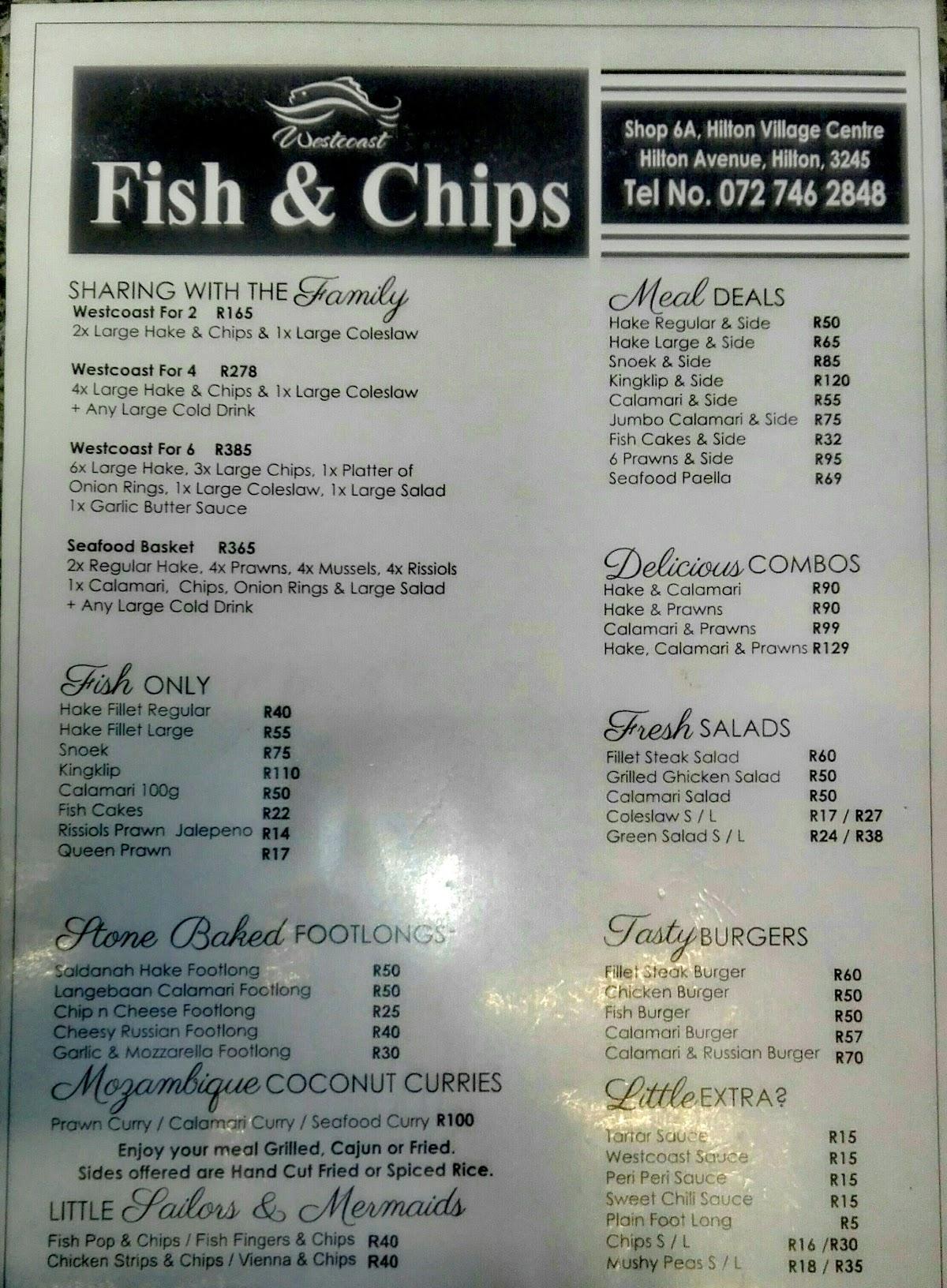 Menu at West Coast Fish & Chips restaurant, Hilton