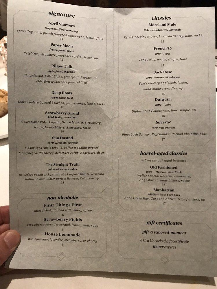 Menu at Cru Uncorked pub & bar, Moreland Hills
