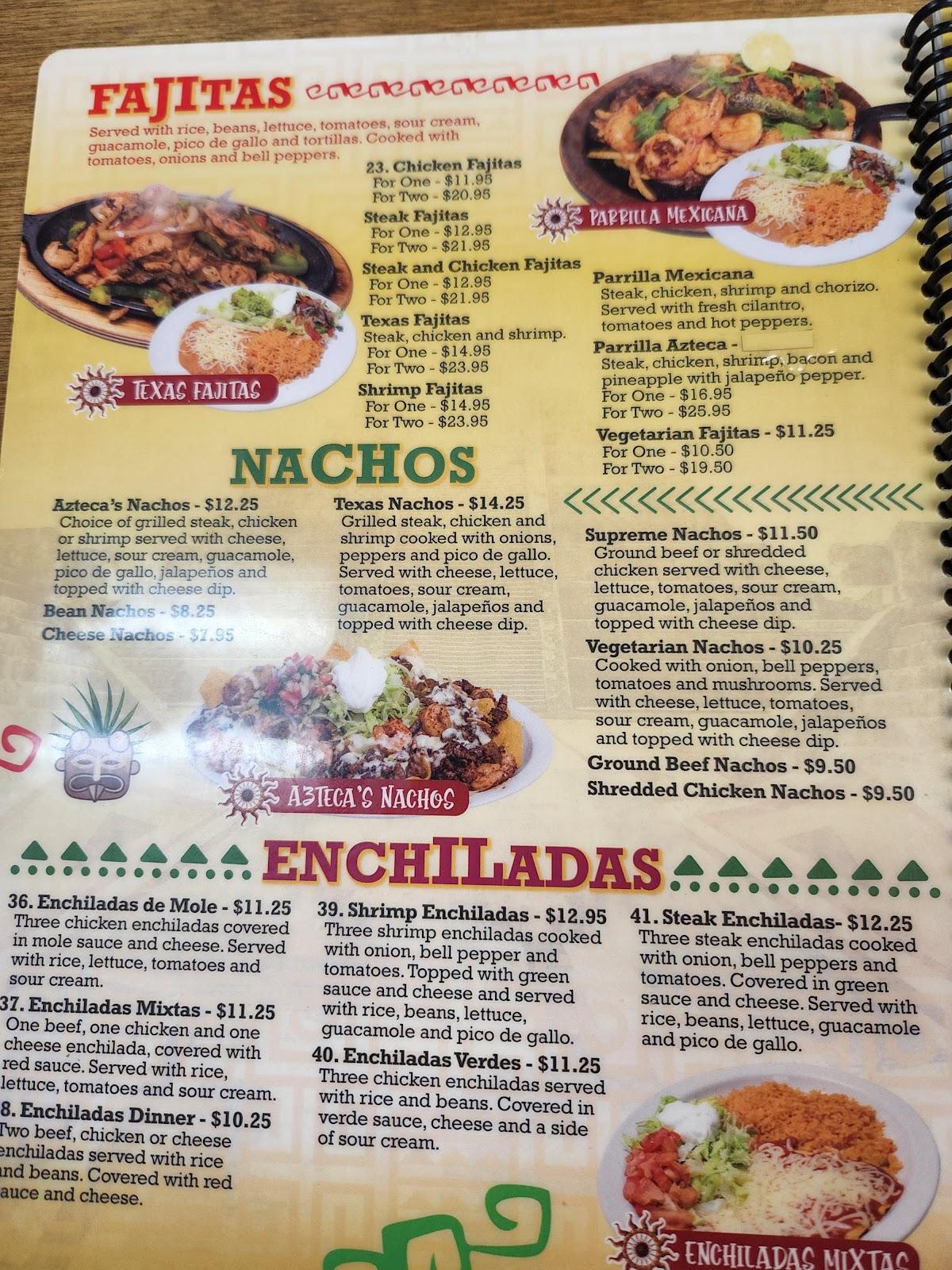 Menu at Azteca's Mexican Grill restaurant, Dadeville