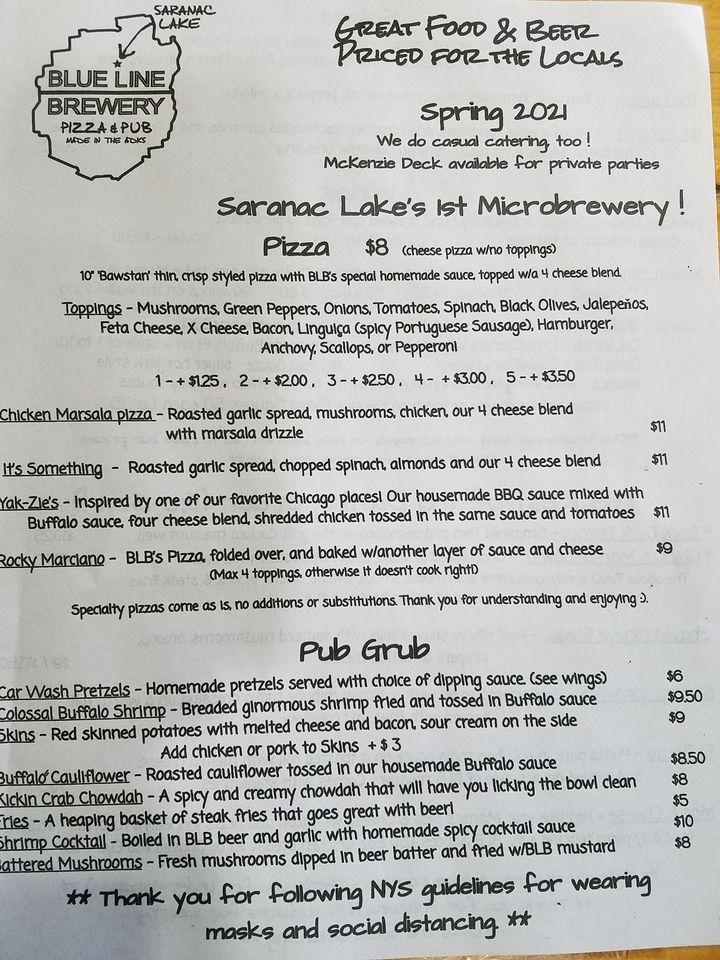 Menu at Blue Line Brewery Pizza & Pub, Saranac Lake