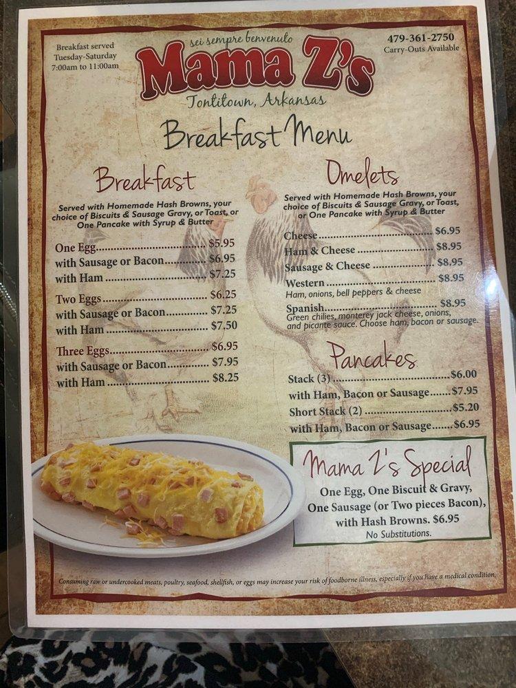 Menu at Mama Z's Cafe, Tontitown