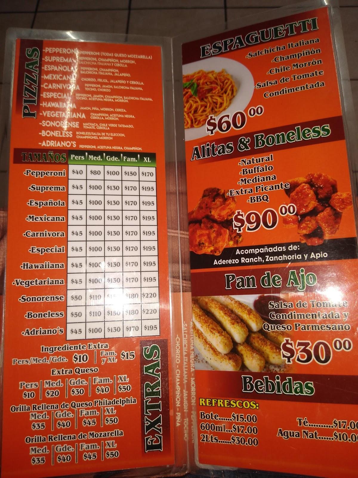 Menu at Pp Adriano`s Pizza restaurant, Puerto Peñasco