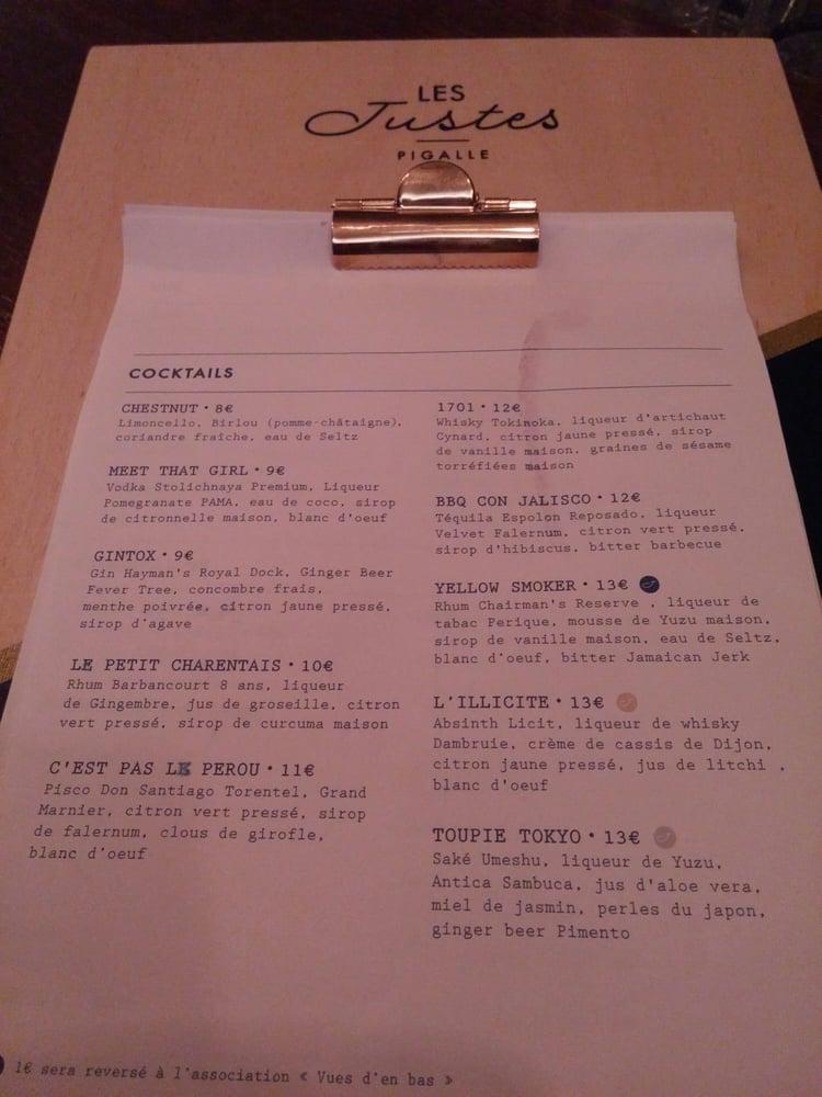 Menu at Les Justes Pigalle pub & bar, Paris