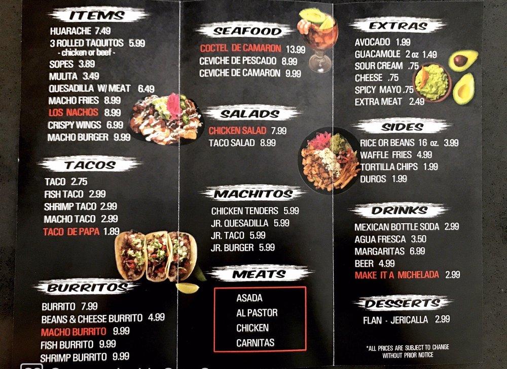 Menu at Machos Grill restaurant, Riverside