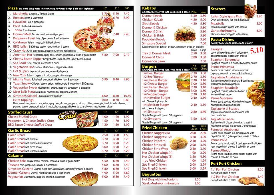 Menu at Simpsons Pizza restaurant, Manchester