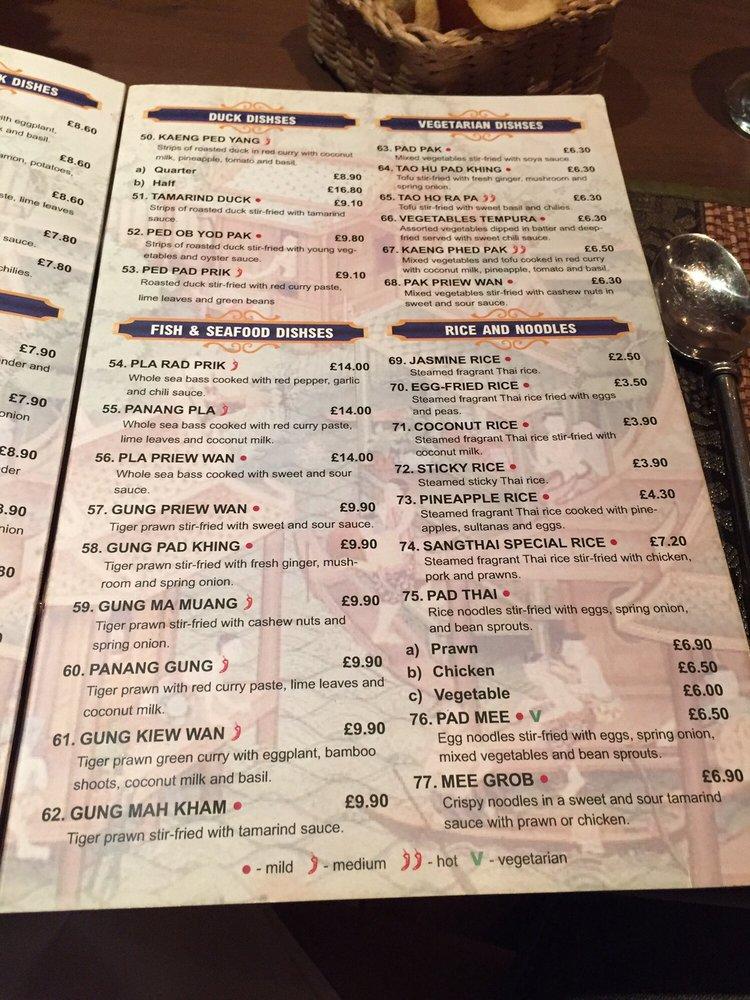 Menu at Sang Thai restaurant, Dorking