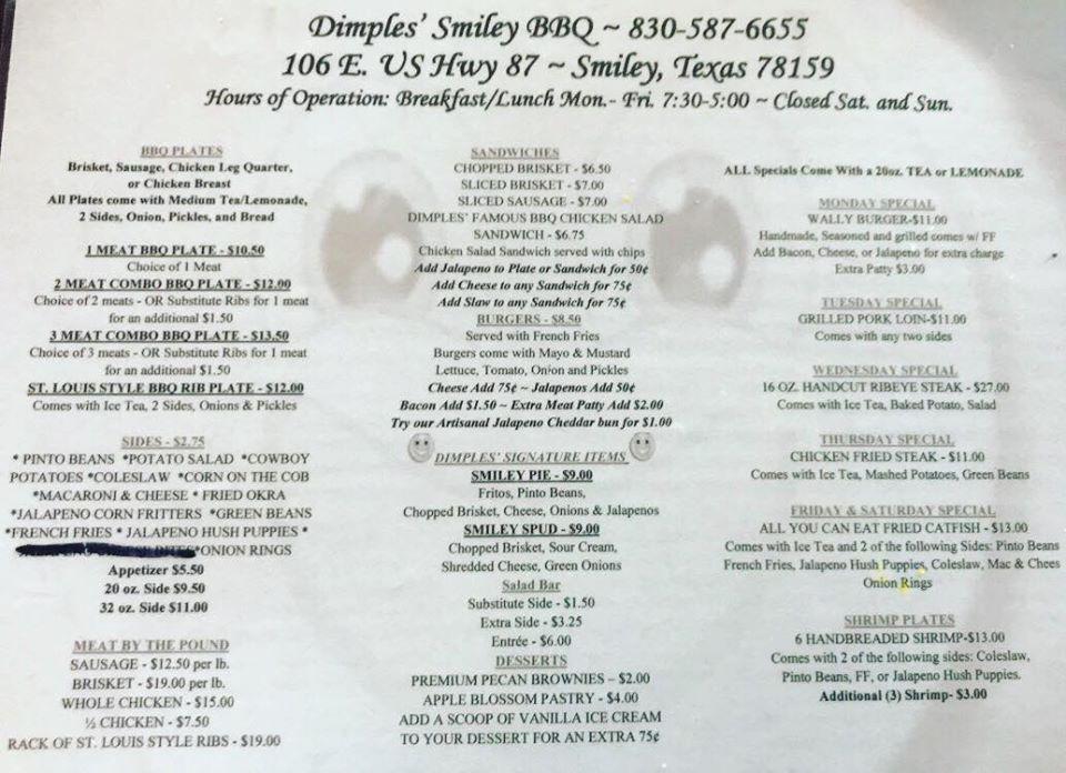 Menu at Dimples' Smiley BBQ, Smiley, 106 E US Highway 87