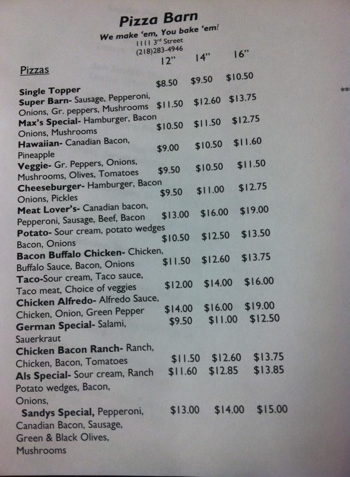 Menu at Pizza Barn, International Falls, 3rd St