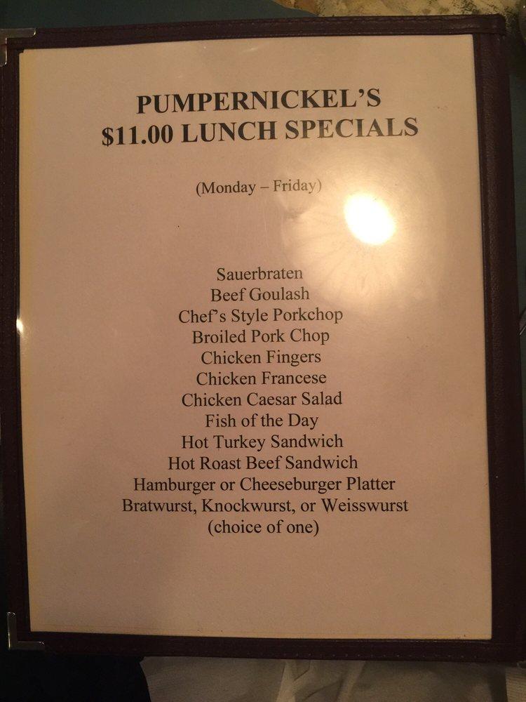 Menu at Pumpernickel's restaurant, Northport