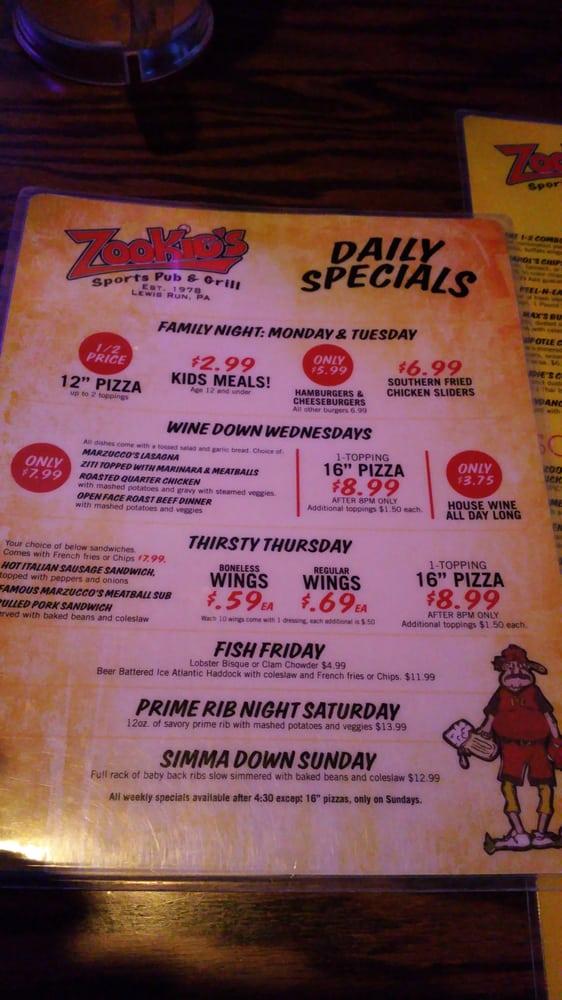 Menu at Zookie's Sports Bar & Grill, North Naples