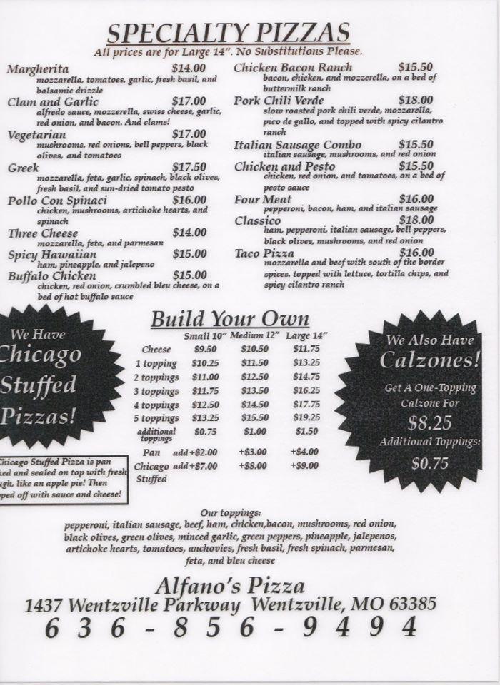 Menu at Alfano's Pizza pizzeria, Wentzville