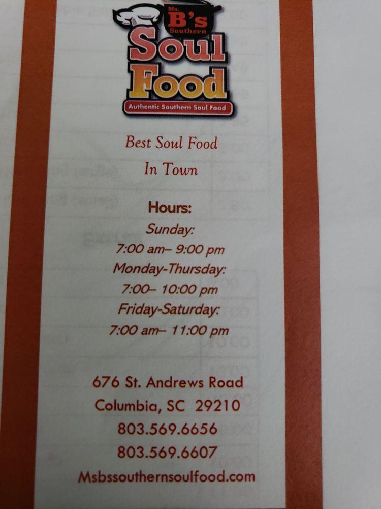Menu at Ms. B's Southern Soul Food restaurant, Columbia