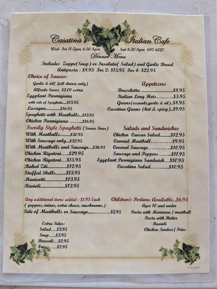 Menu at Casatinas restaurant, Canastota