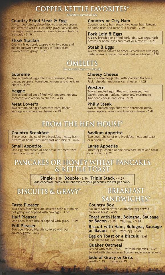 Menu at Copper Kettle restaurant, Charlestown
