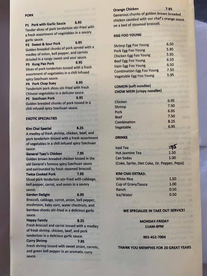 Menu at Kim Chai Restaurant, Memphis, Summer Ave