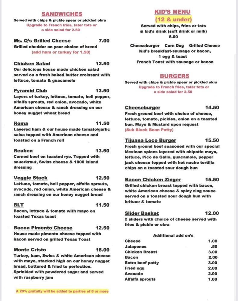 Menu at Suzy Q’s Coffee Shop and Café restaurant, Temple