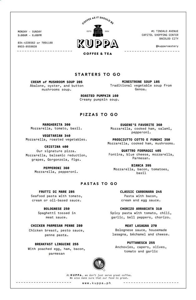 Menu at Kuppa Coffee & Tea cafe, Bacolod, Capitol Shopping Center