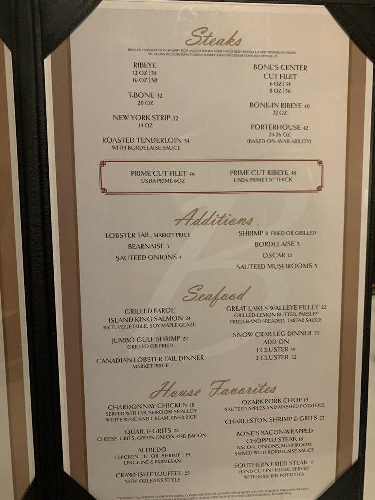 Menu at Bone's Chophouse of Little Rock, AR steakhouse, Little Rock