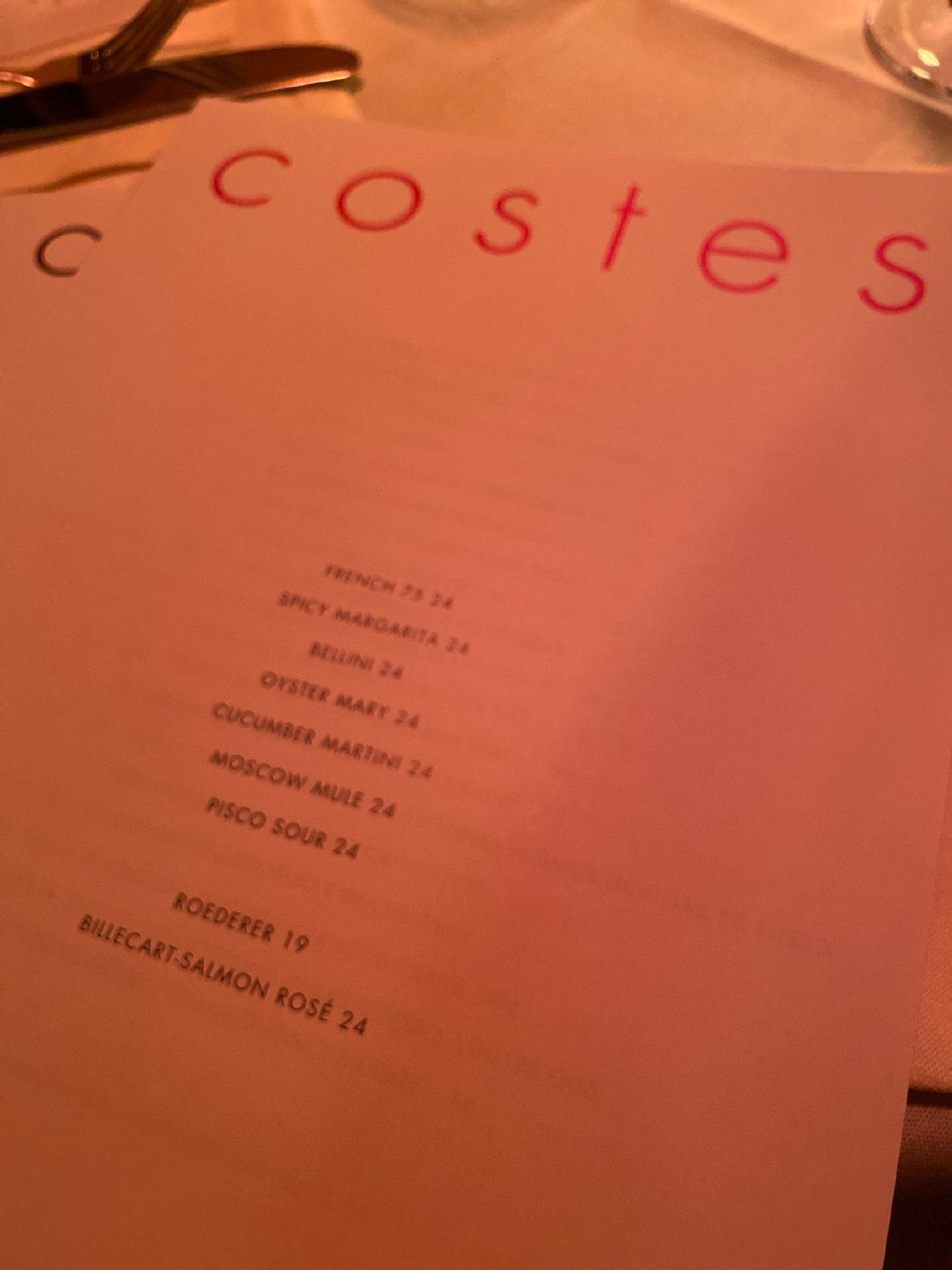 carte menu hotel costes