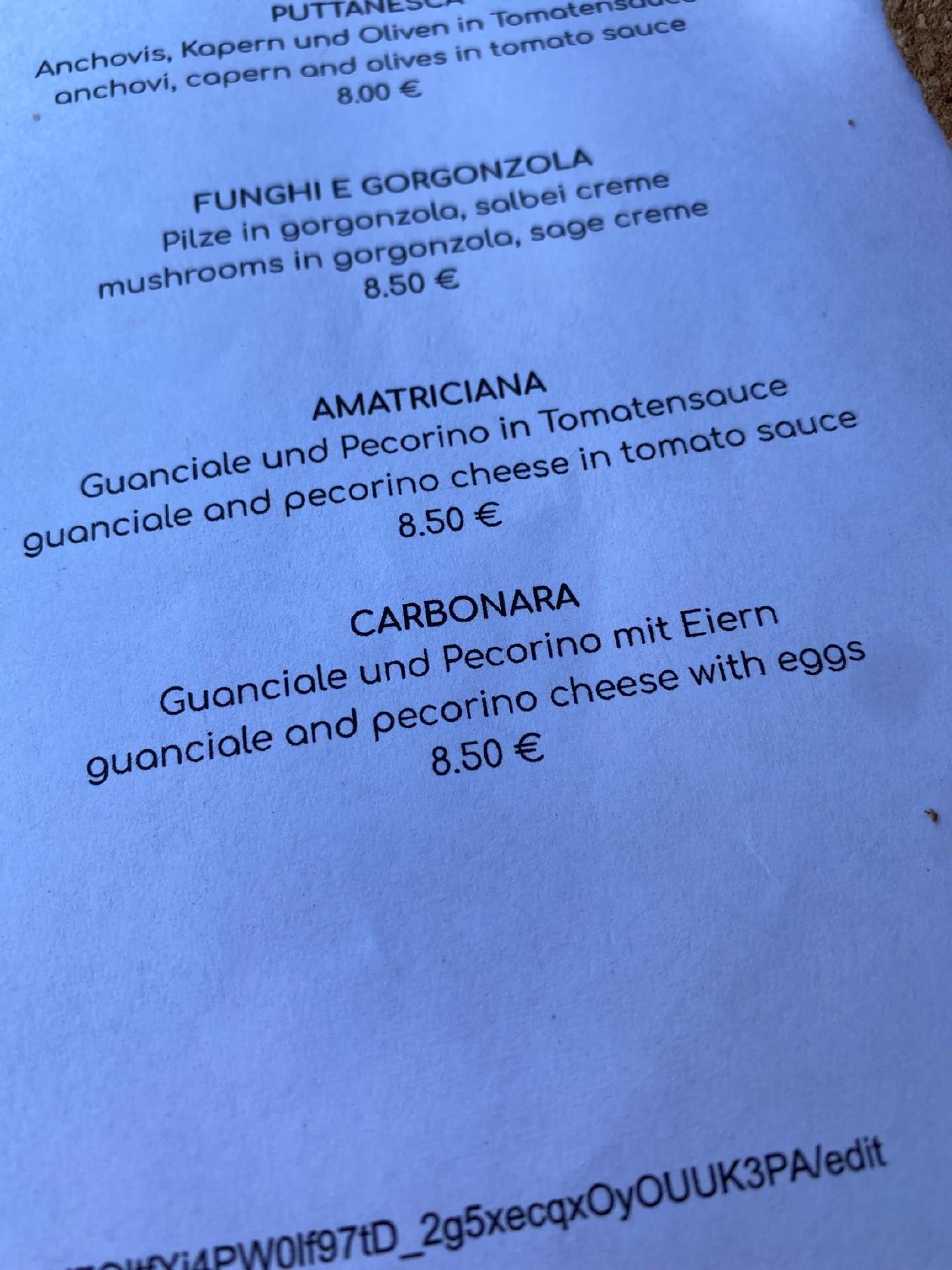 Menu at Gnam Pasta Factory restaurant, Berlin