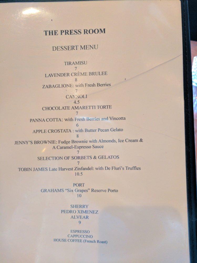 Menu at Press Room restaurant, Shepherdstown