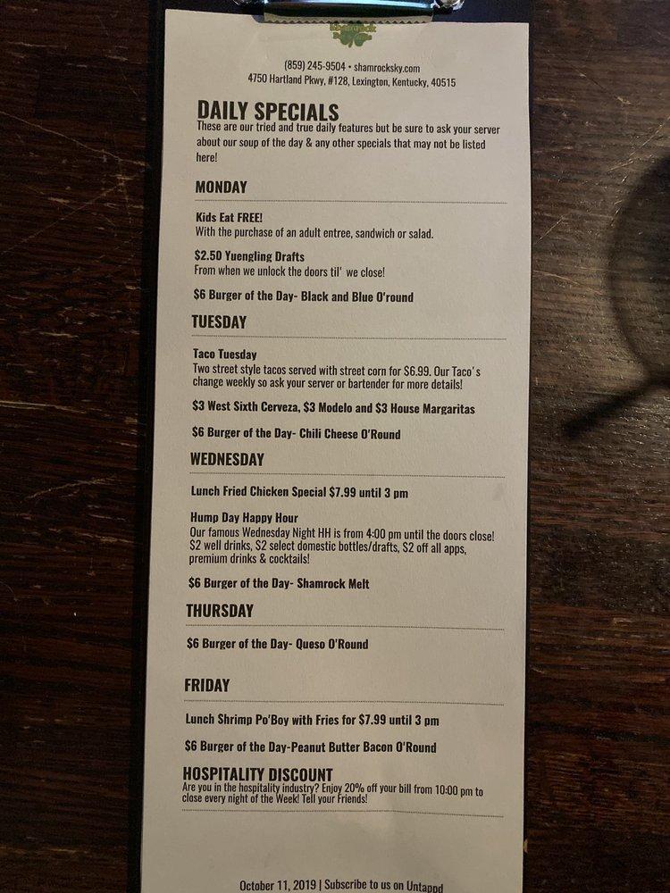 Menu at Shamrock Bar and Grille, Lexington, Hartland Pkwy STE 128