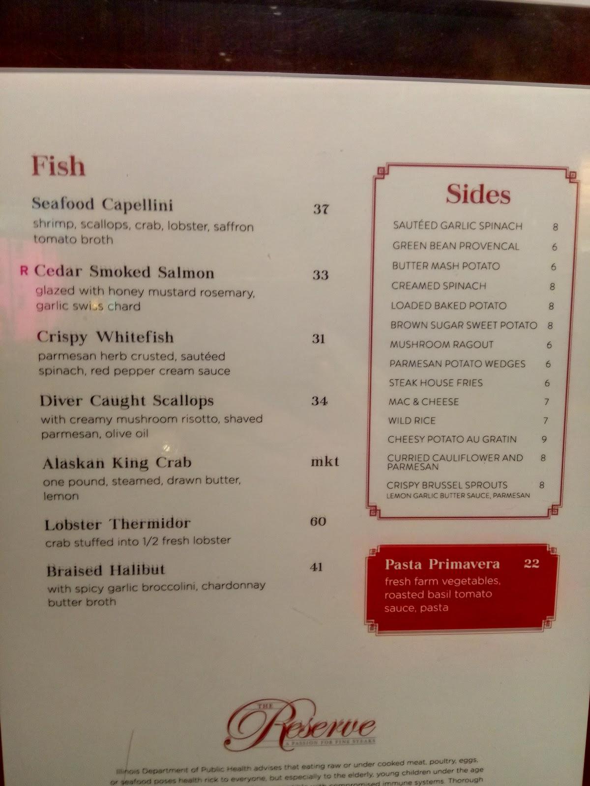 Menu at The Reserve steakhouse, Joliet, 151 N Joliet St