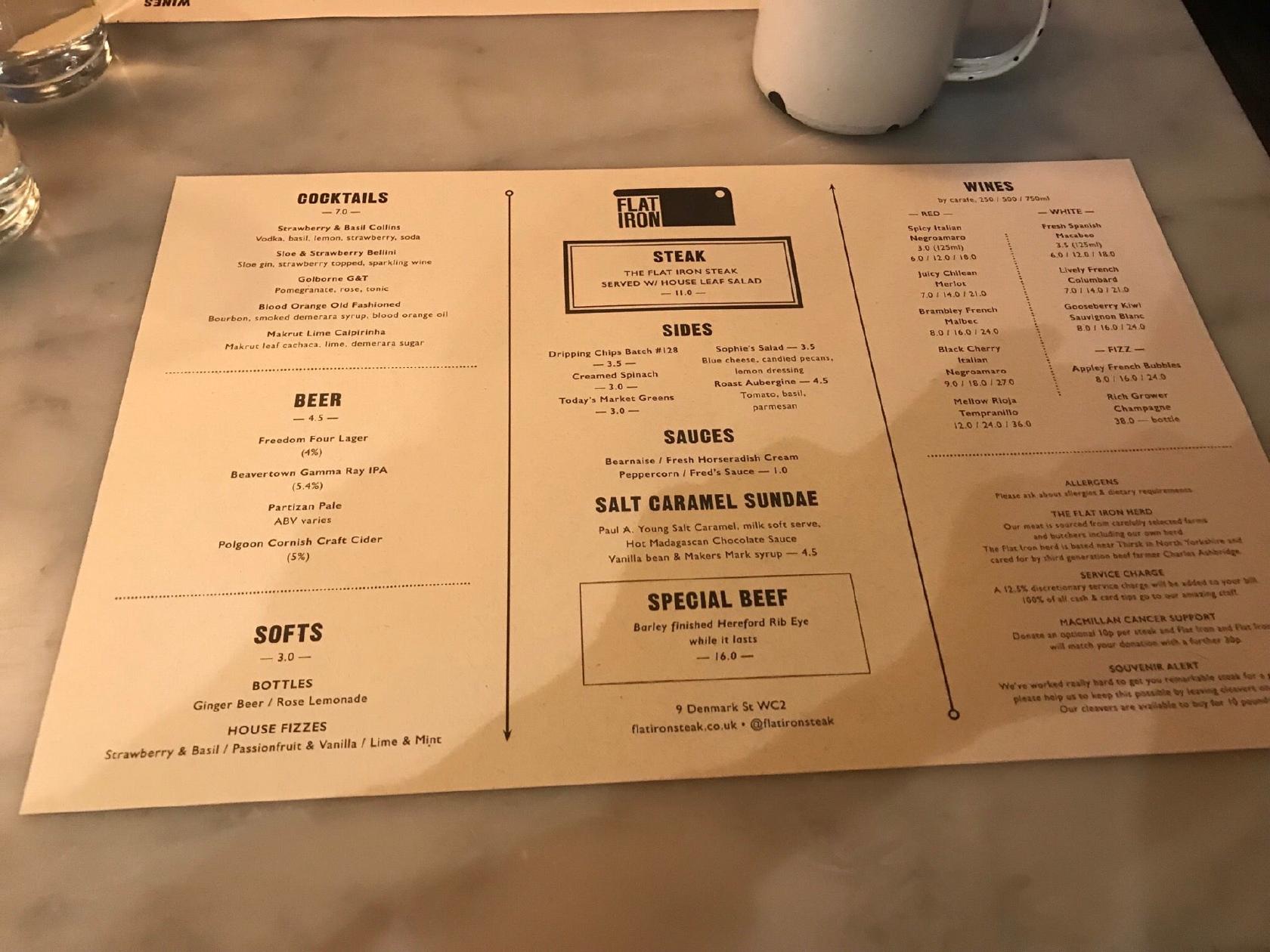 Menu at Flat Iron steakhouse, London, 9 Denmark St