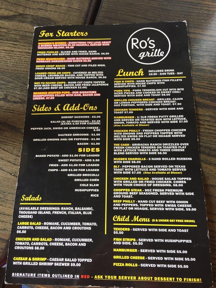 Menu at Ro's Grille restaurant, Athens, 126 N Jefferson St