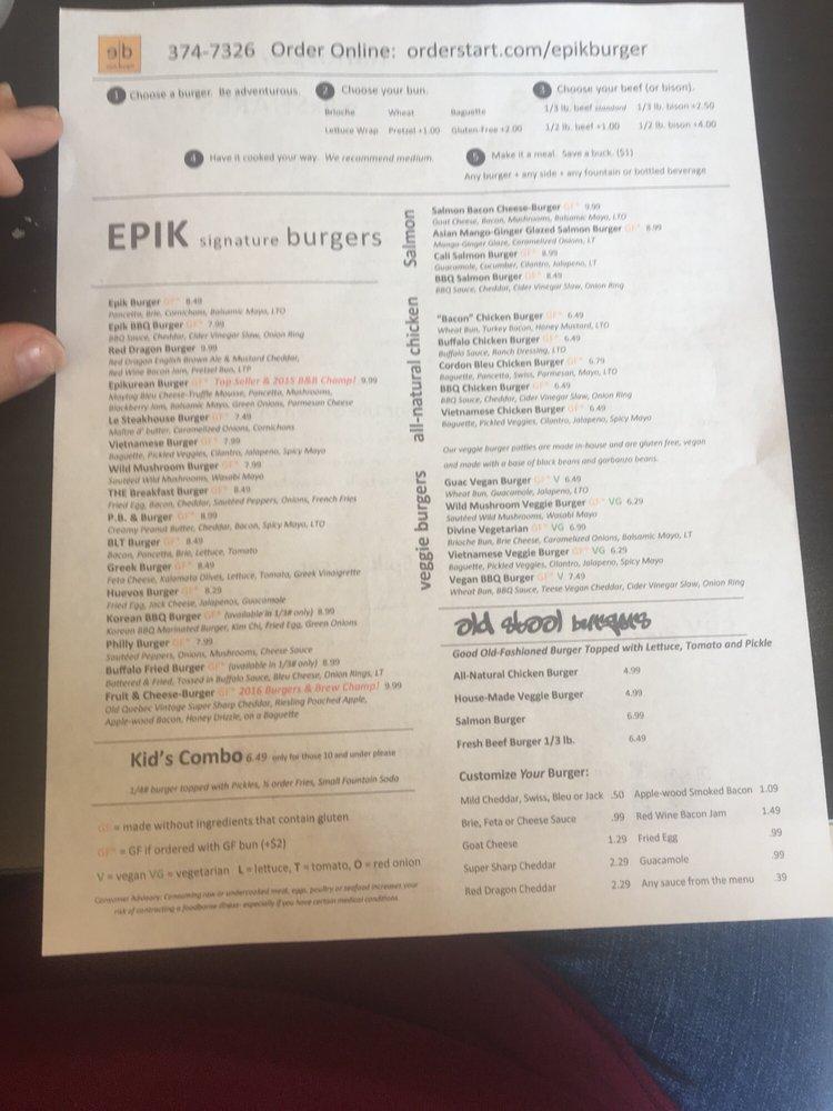 Menu at Epik Burger pub & bar, Jacksonville, Atlantic Blvd 105