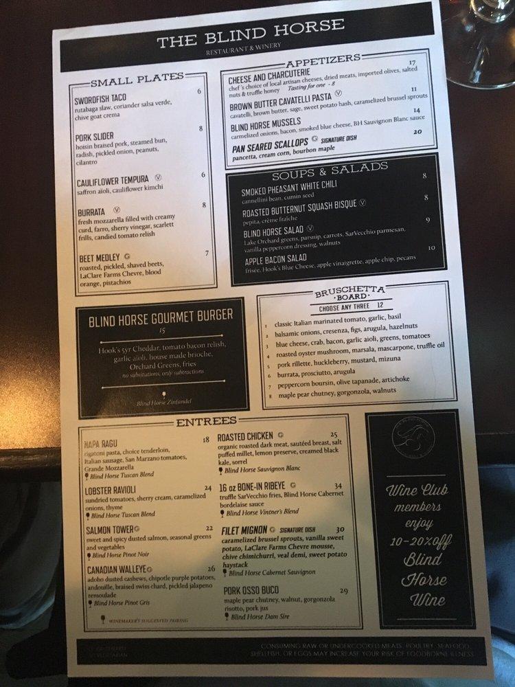 Menu at The Blind Horse Restaurant & Winery, Kohler