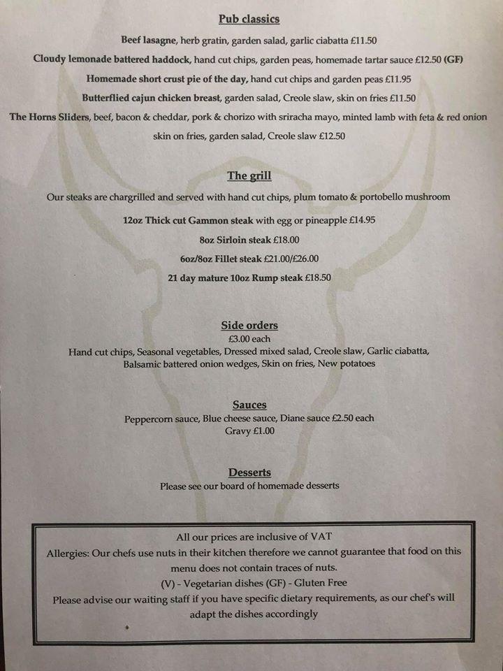 Menu at The Horns of Boningale pub & bar, Albrighton, Holyhead Rd
