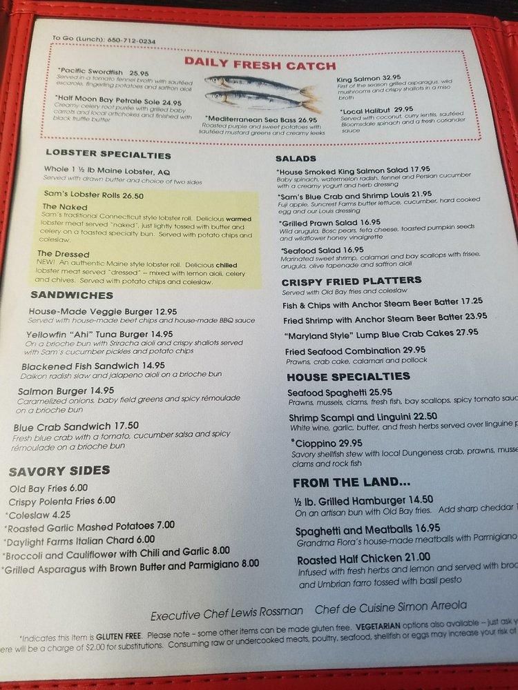 Menu at Sam's Chowder House restaurant, Half Moon Bay