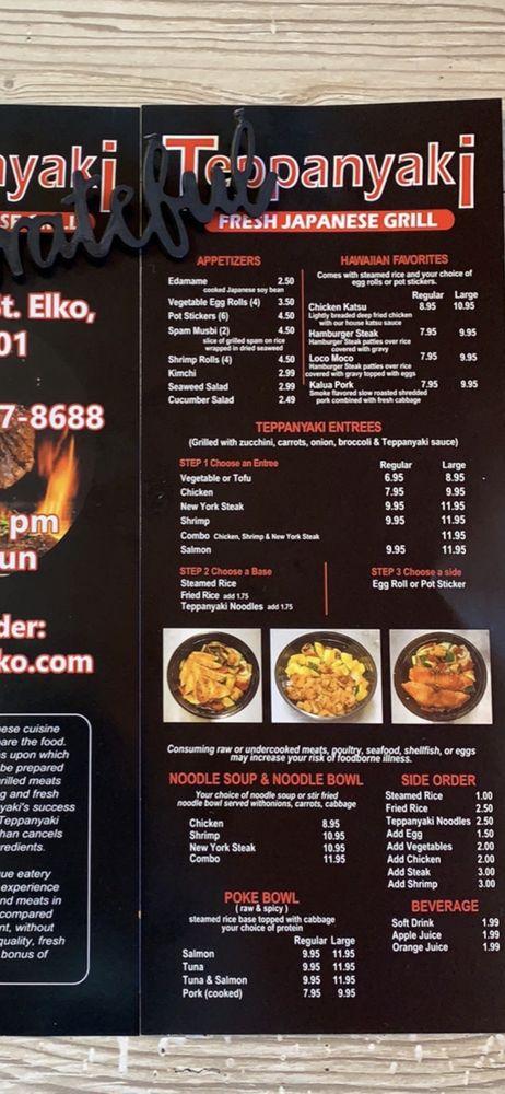 Menu at Teppanyaki restaurant, Elko