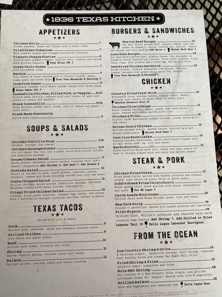 Menu at 1836 Texas Kitchen pub & bar, Tyler, Crow Rd